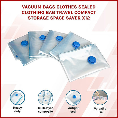Vacuum Bags Clothes Sealed Clothing Bag Travel Compact Storage Space Saver x 12