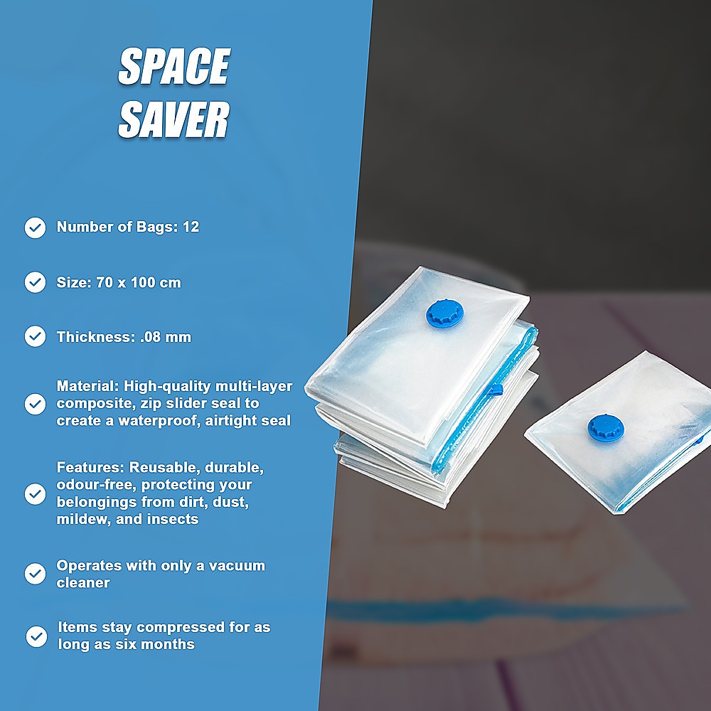 Vacuum Bags Clothes Sealed Clothing Bag Travel Compact Storage Space Saver x 12