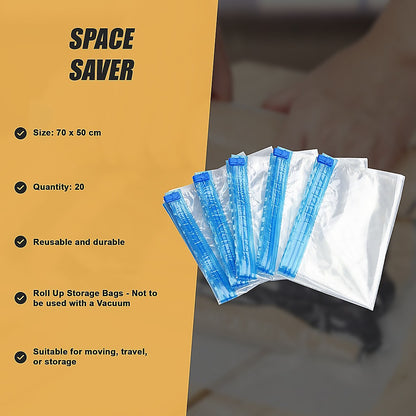 Travel Space Saver Saving Hand Roll Up Roller Seal No Vacuum Storage Bag x 20