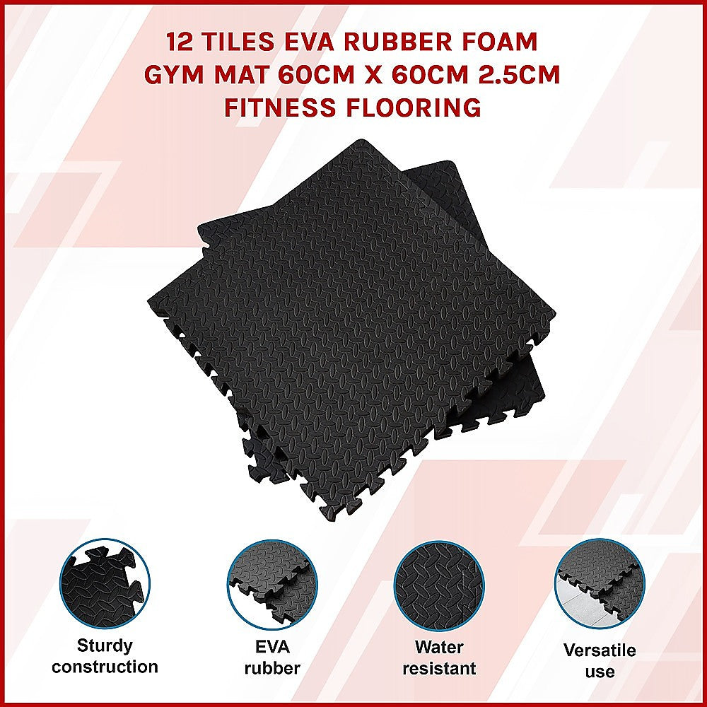 Black Eva rubber foam gym mat tiles with product details on a white background
