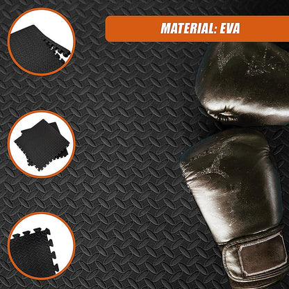Black EVA foam mat with a textured pattern and boxing gloves on top, material label 'EVA' displayed.