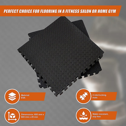 Black interlocking mats for flooring in a fitness salon or home gym on a gray background.