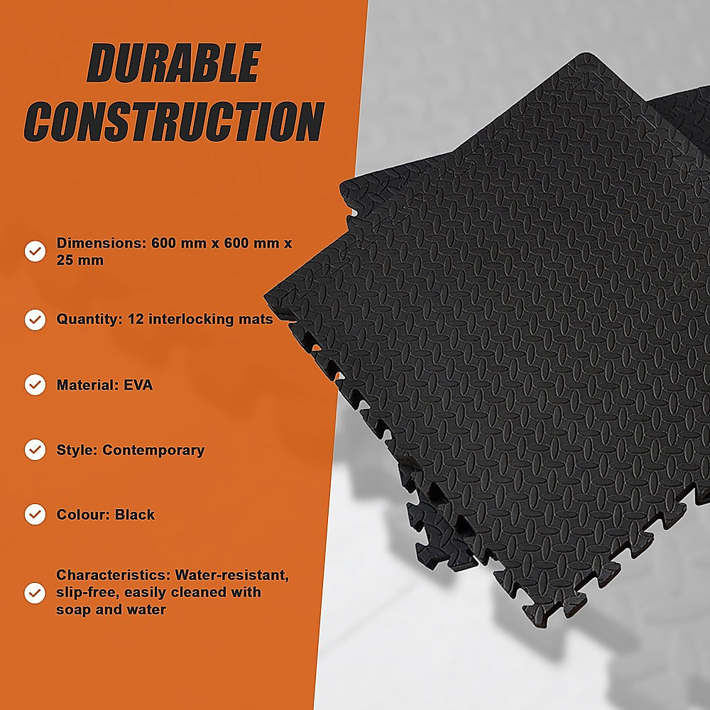 Black interlocking foam mats with durable construction details on an orange and gray background