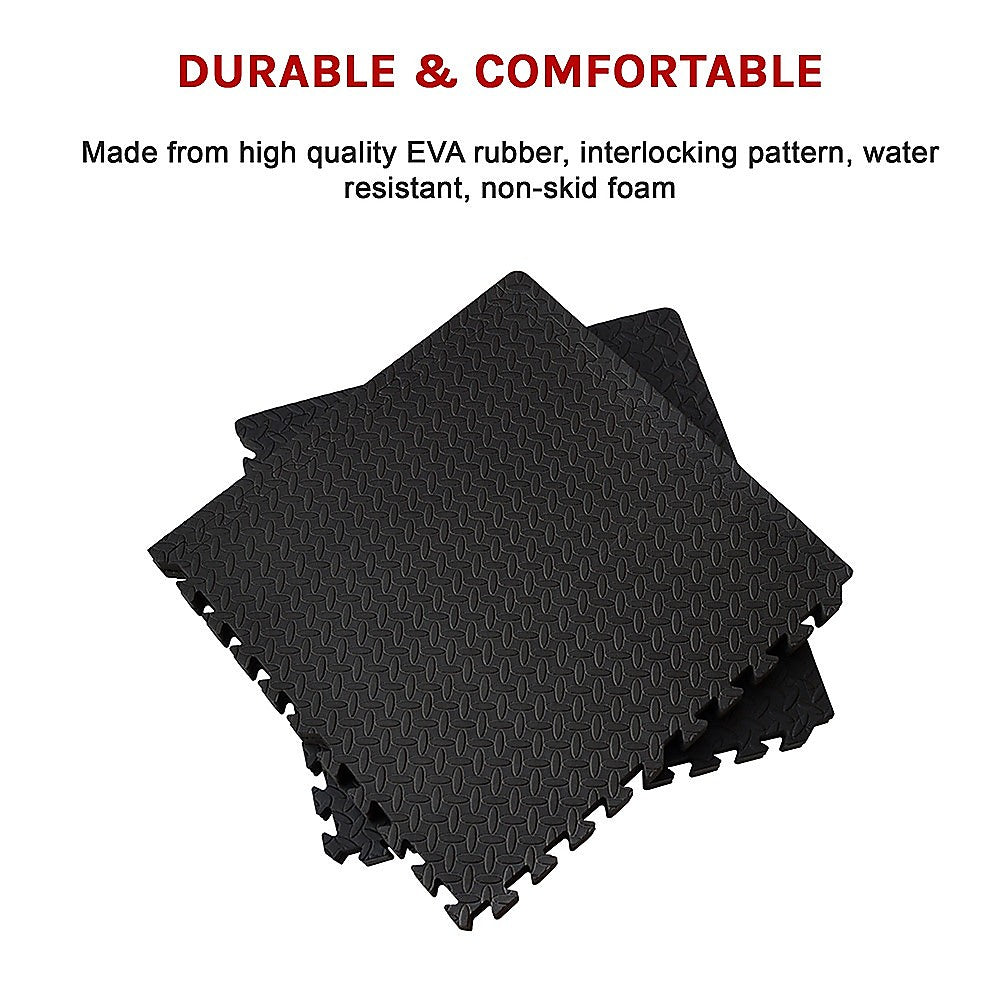 Black interlocking foam mats on a white background with text about durability and comfort.