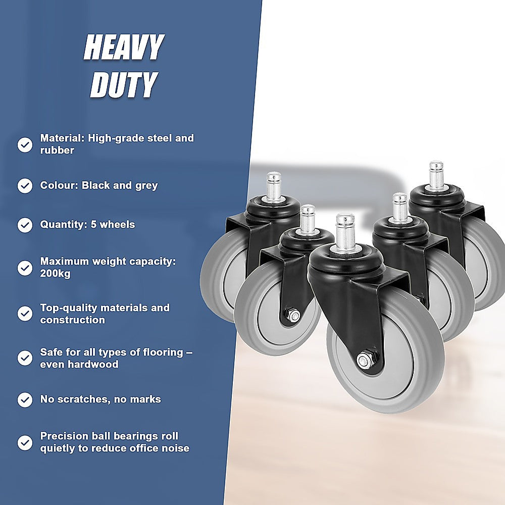 5 x Office Chair Caster Wheels Set Heavy Duty & Safe for All Floors w/Universal Fit