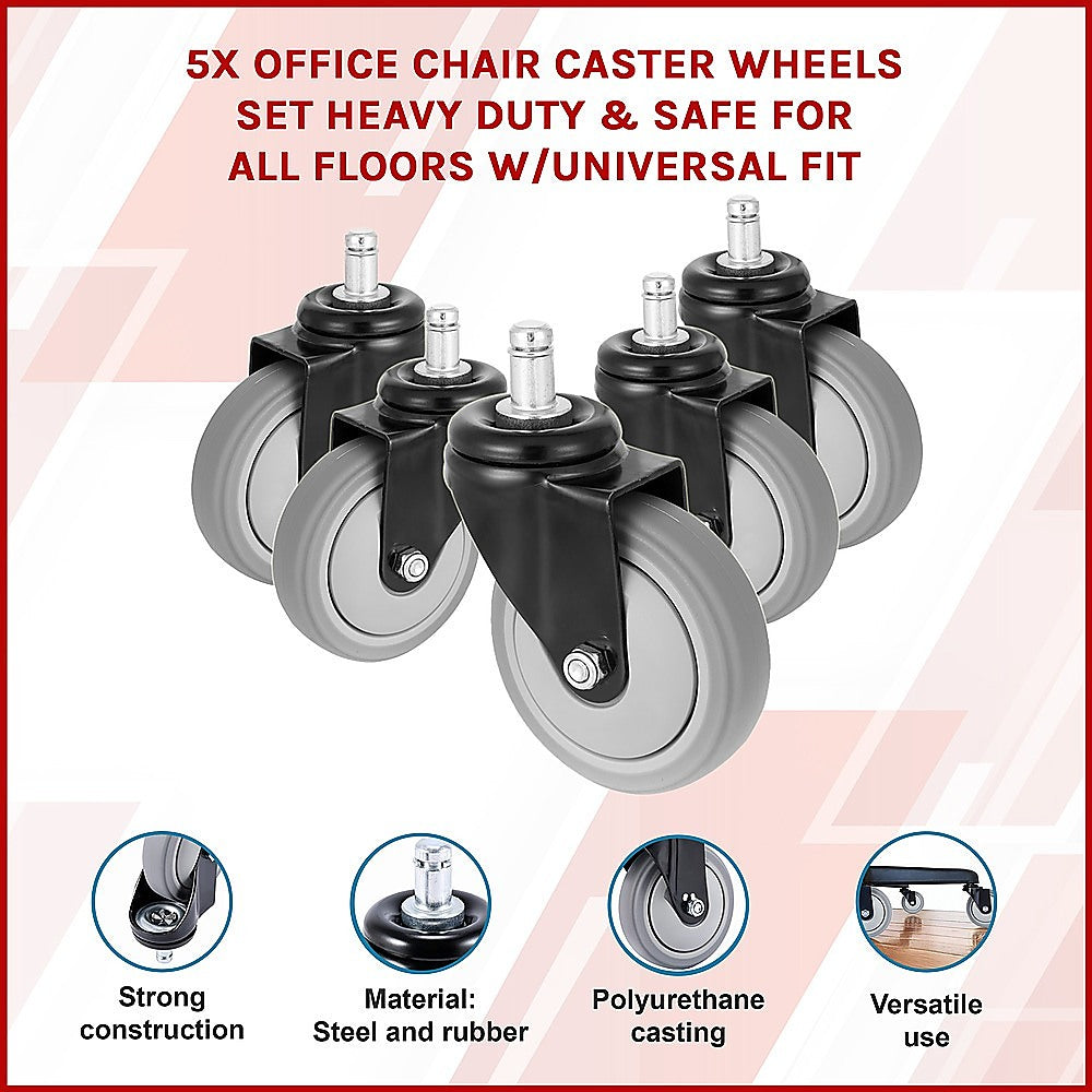 5 x Office Chair Caster Wheels Set Heavy Duty & Safe for All Floors w/Universal Fit
