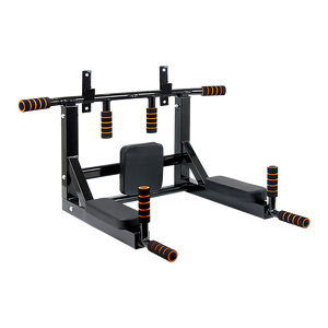 Black and orange pull-up bar and weight bench on a white background