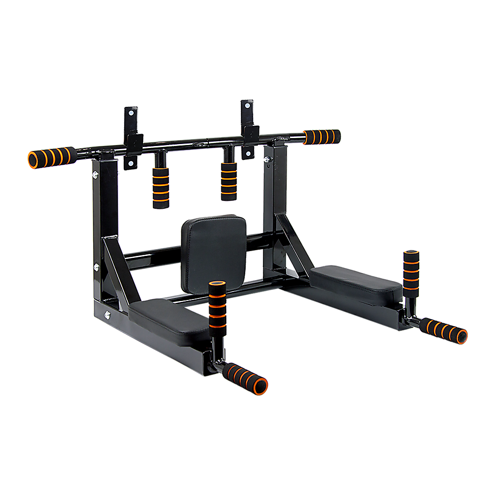 Black and orange pull-up bar and weight bench on a white background
