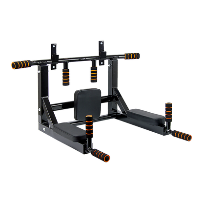 Black and orange pull-up bar and weight bench on a white background