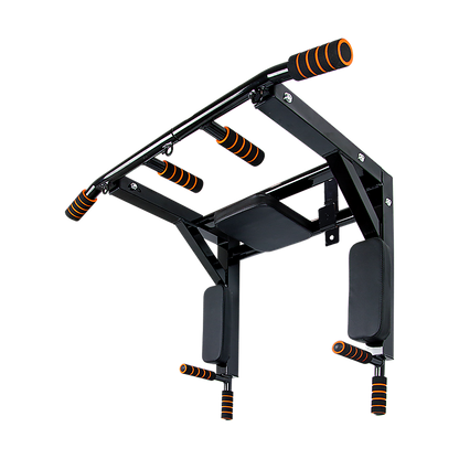 Black pull-up bar with orange grips on a white background