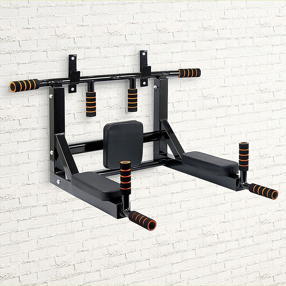Wall-mounted pull-up bar and bench against a white brick wall