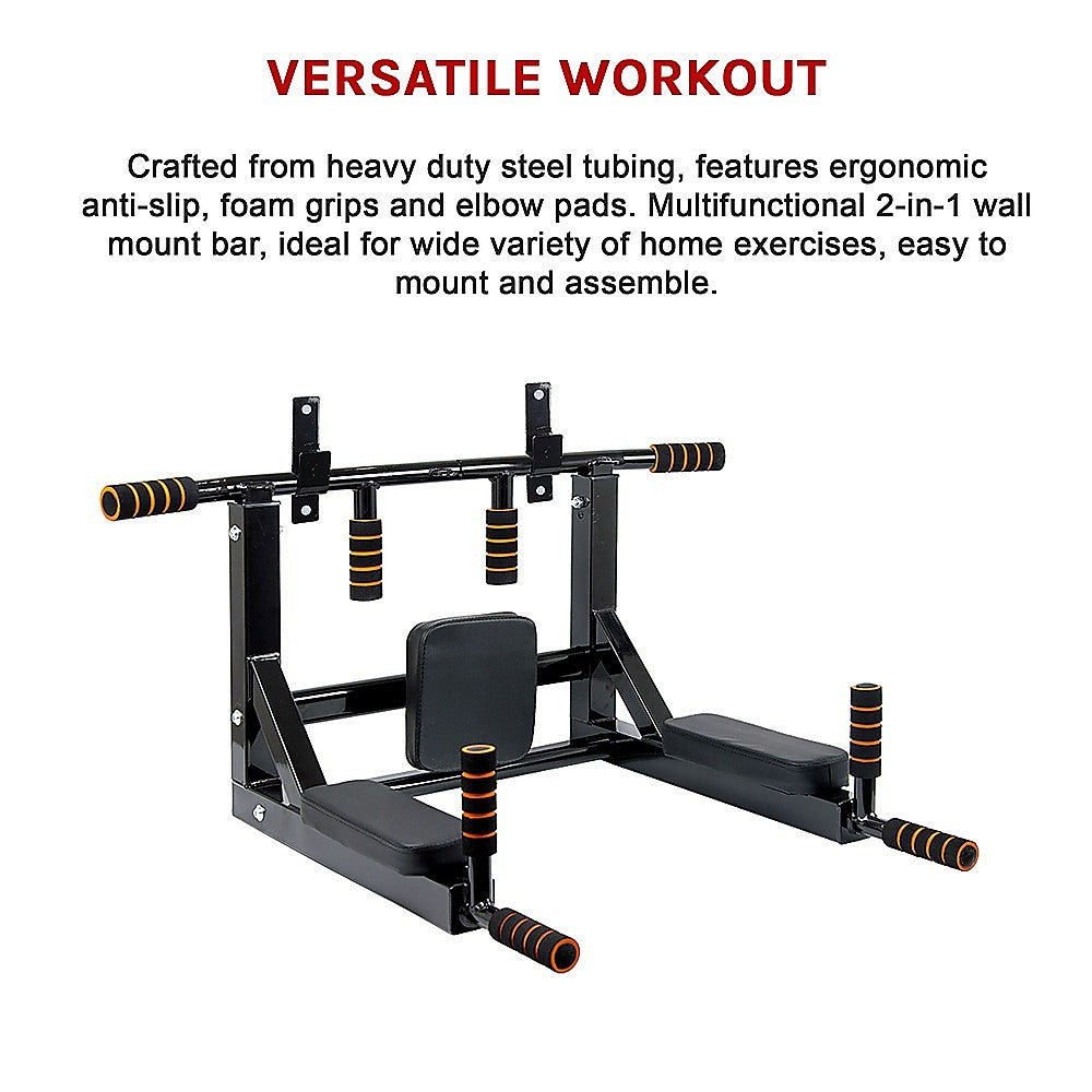 Multifunctional wall mount exercise bar with text highlighting its features on a white background.