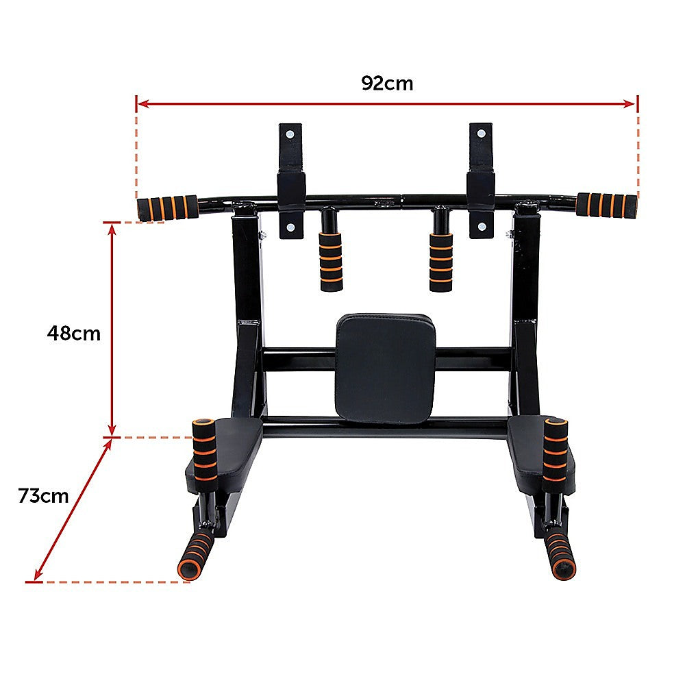 Black pull-up bar with dimensions on a white background