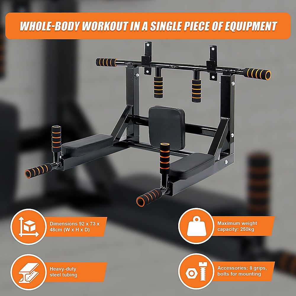 Wall-mounted fitness equipment with features highlighted on an orange banner.