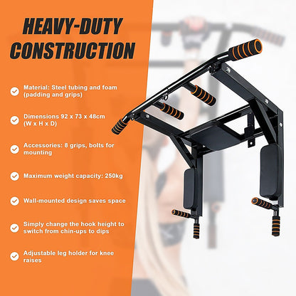 Heavy-duty pull-up bar with specifications on an orange background