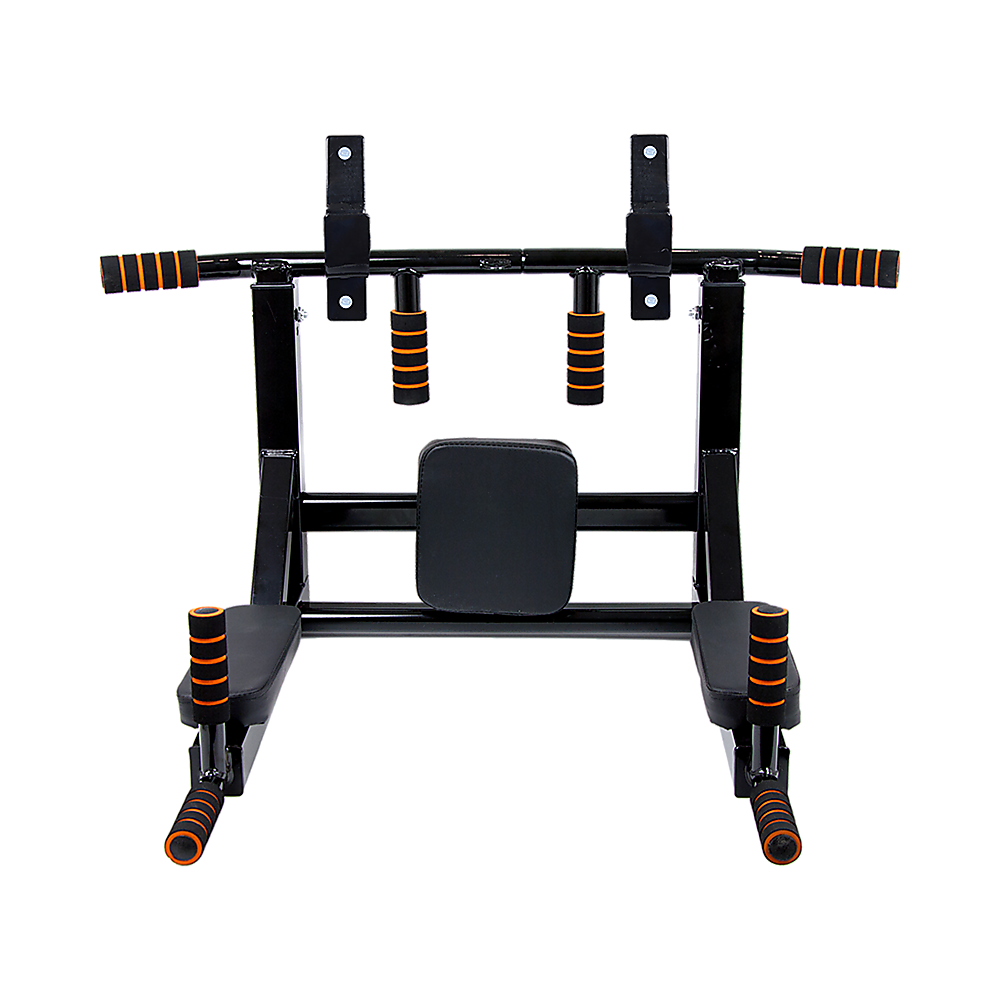 Black and orange pull-up bar with weight plates on a white background