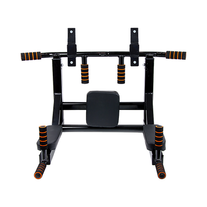 Black and orange pull-up bar with weight plates on a white background
