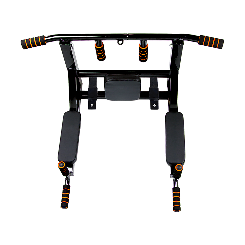 Black pull-up bar with orange accents on a white background