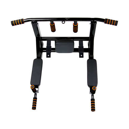 Black pull-up bar with orange accents on a white background