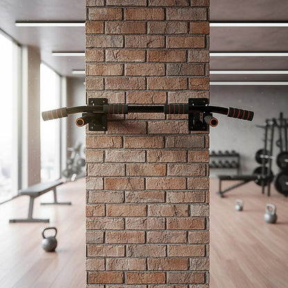 Wall-mounted pull-up bar in a gym setting with brick wall and exercise equipment.