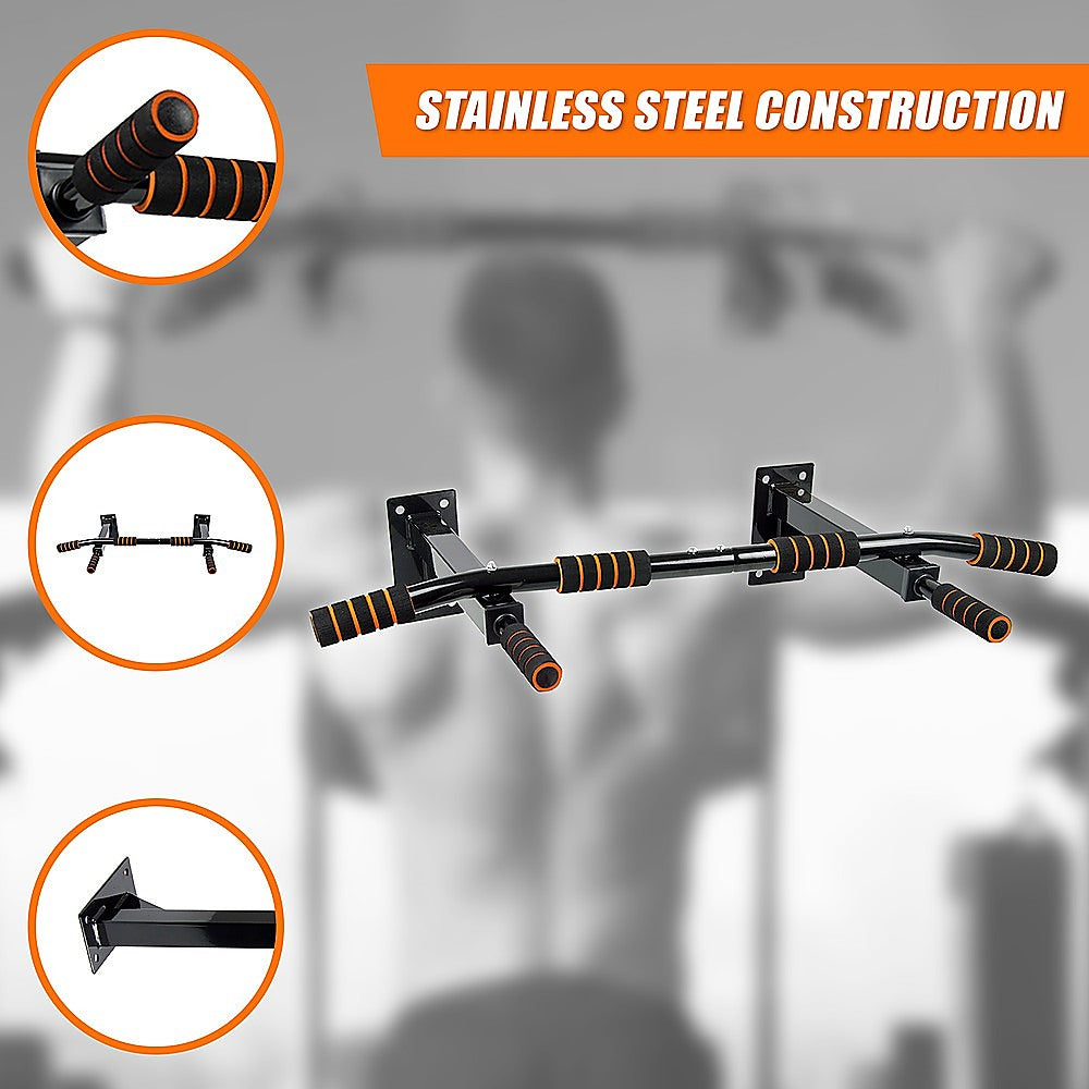 Wall-mounted pull-up bar with stainless steel construction on a gray background