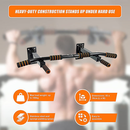 Heavy-duty pull-up bar with features highlighted on an orange background