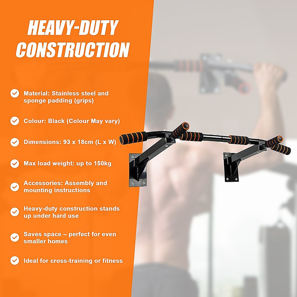 Wall-mounted pull-up bar with orange background and text detailing features.