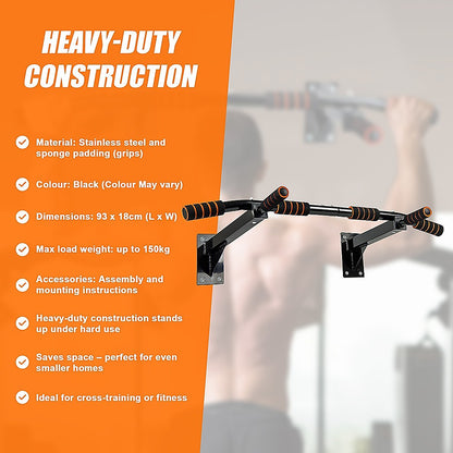 Wall-mounted pull-up bar with orange background and text detailing features.
