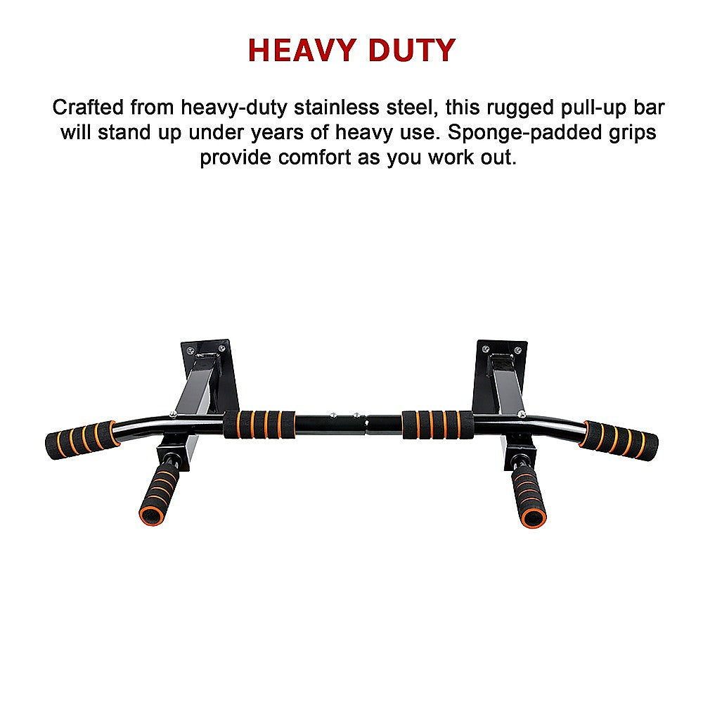 Heavy-duty pull-up bar with sponge-padded grips on a white background