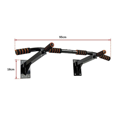 Wall-mounted pull-up bar with dimensions on a white background
