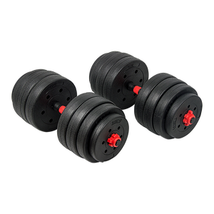 A set of adjustable rubber dumbbells with chrome-plated bars and red and black details.