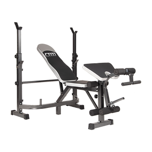 A black and silver multi-station home gym weight bench press leg equipment set for fitness and exercise.