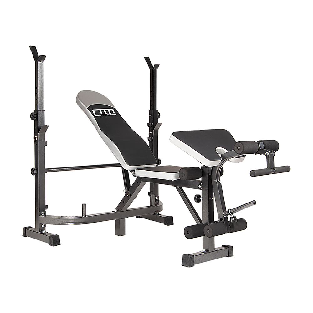 A black and silver multi-station home gym weight bench press leg equipment set for fitness and exercise.