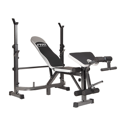A black and silver multi-station home gym weight bench press leg equipment set for fitness and exercise.