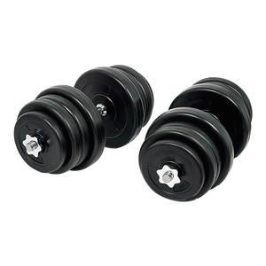 A pair of black adjustable dumbbells with visible weight plates and dumbbell bars.