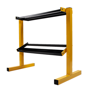 A two-tier dumbbell rack with a black frame and yellow accents, designed for storing dumbbell weights.