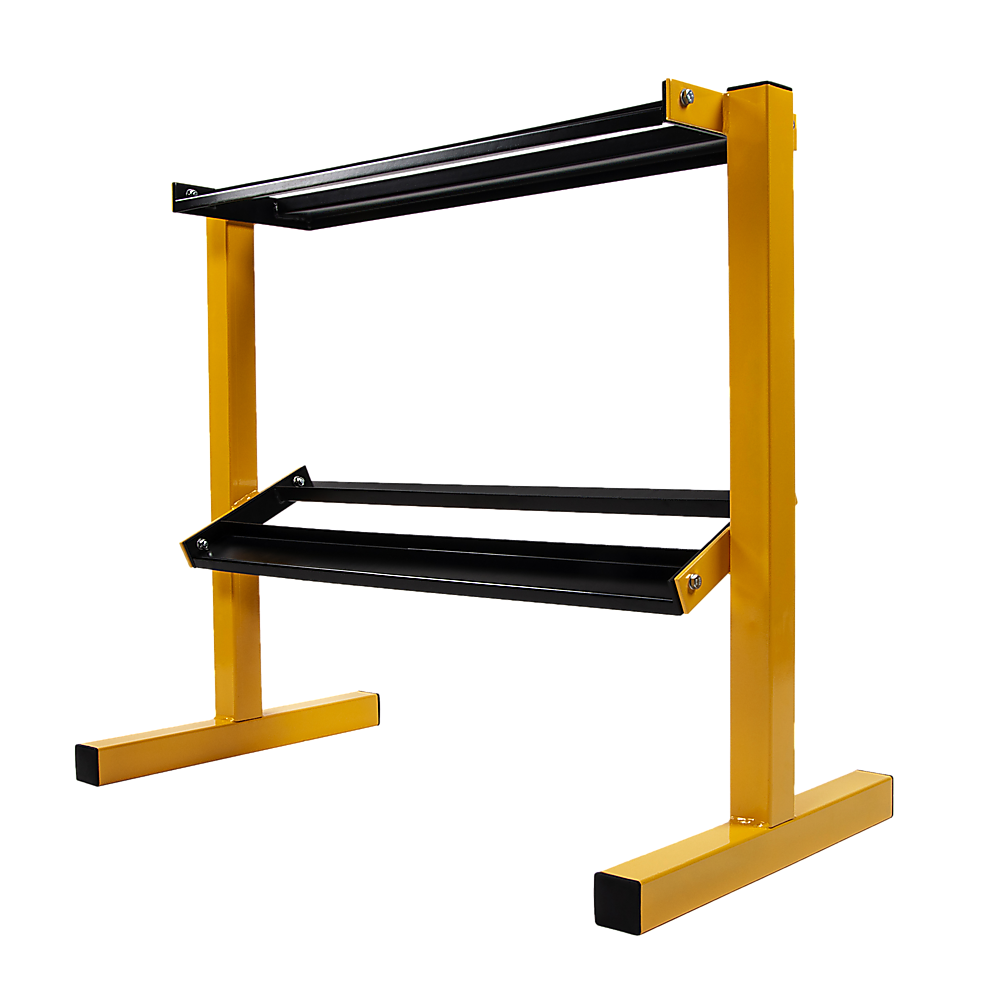 A two-tier dumbbell rack with a black frame and yellow accents, designed for storing dumbbell weights.