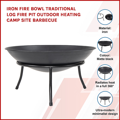 Iron Fire Bowl Traditional Log Fire Pit Outdoor Heating Camp Site Barbecue 48cm