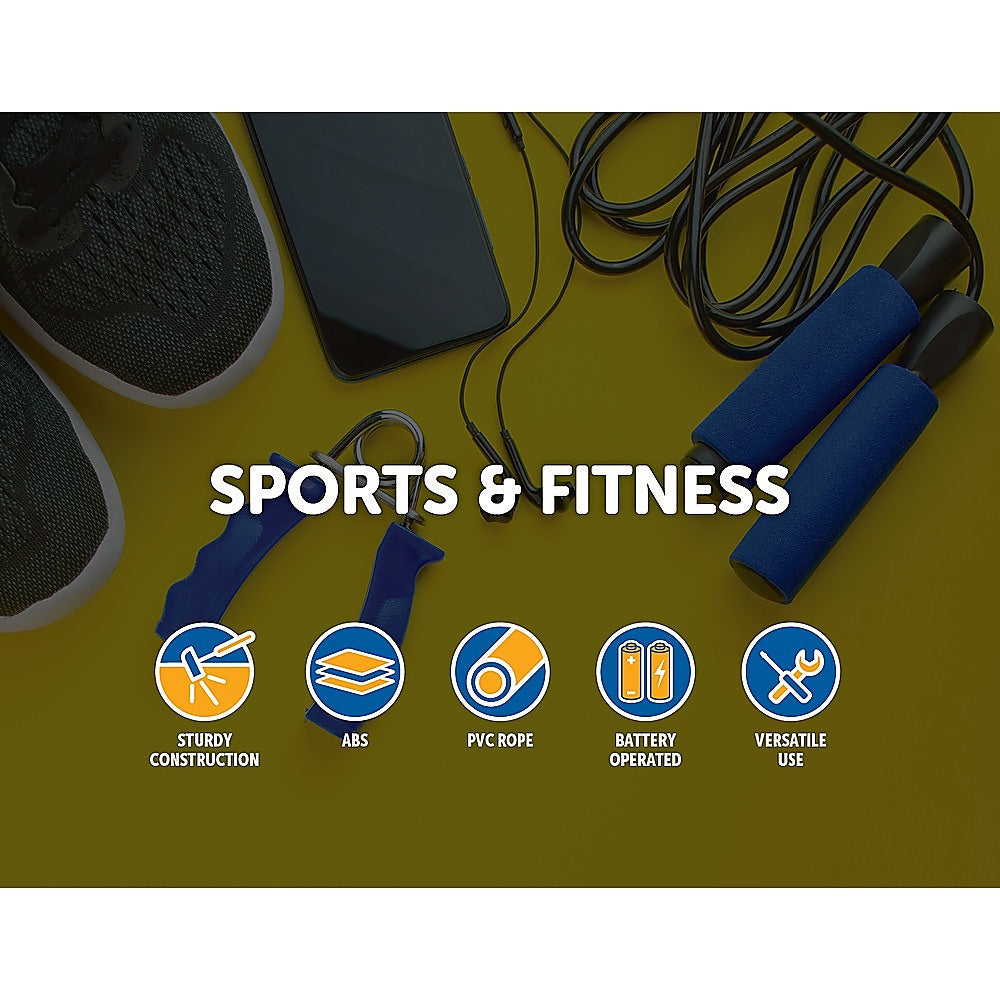 Sports and fitness equipment on a yellow background with icons and text highlighting features.