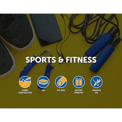 Sports and fitness equipment on a yellow background with icons and text highlighting features.