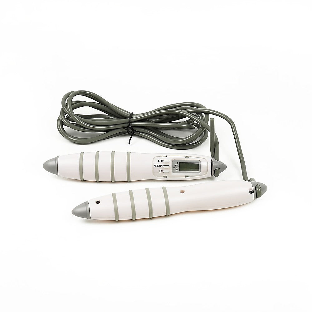 Digital jump rope with gray and white design on a white background