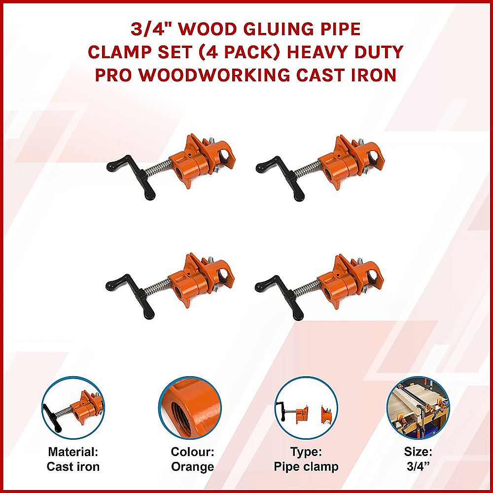 3/4" Wood Gluing Pipe Clamp Set (4 Pack) Heavy Duty PRO Woodworking Cast Iron