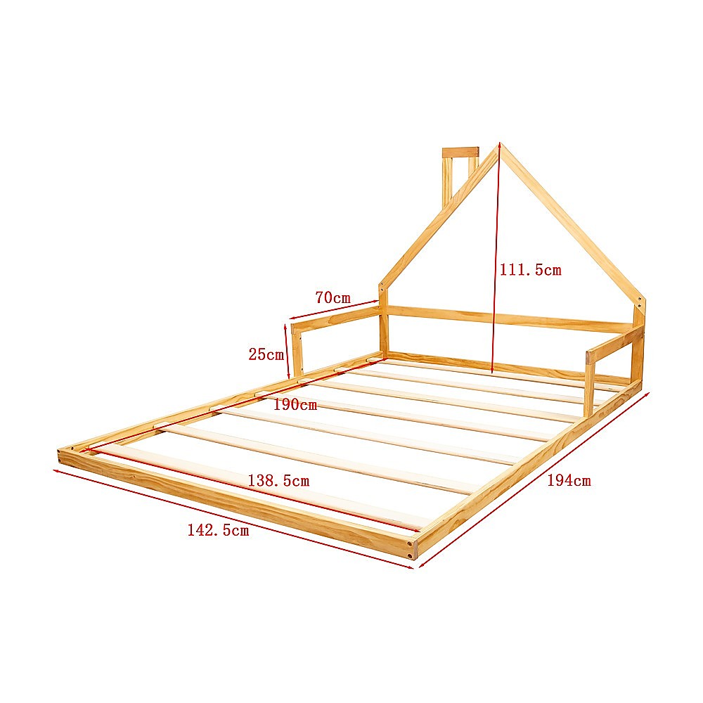 Pine Wood Floor Bed House Frame for Kids and Toddlers-Double