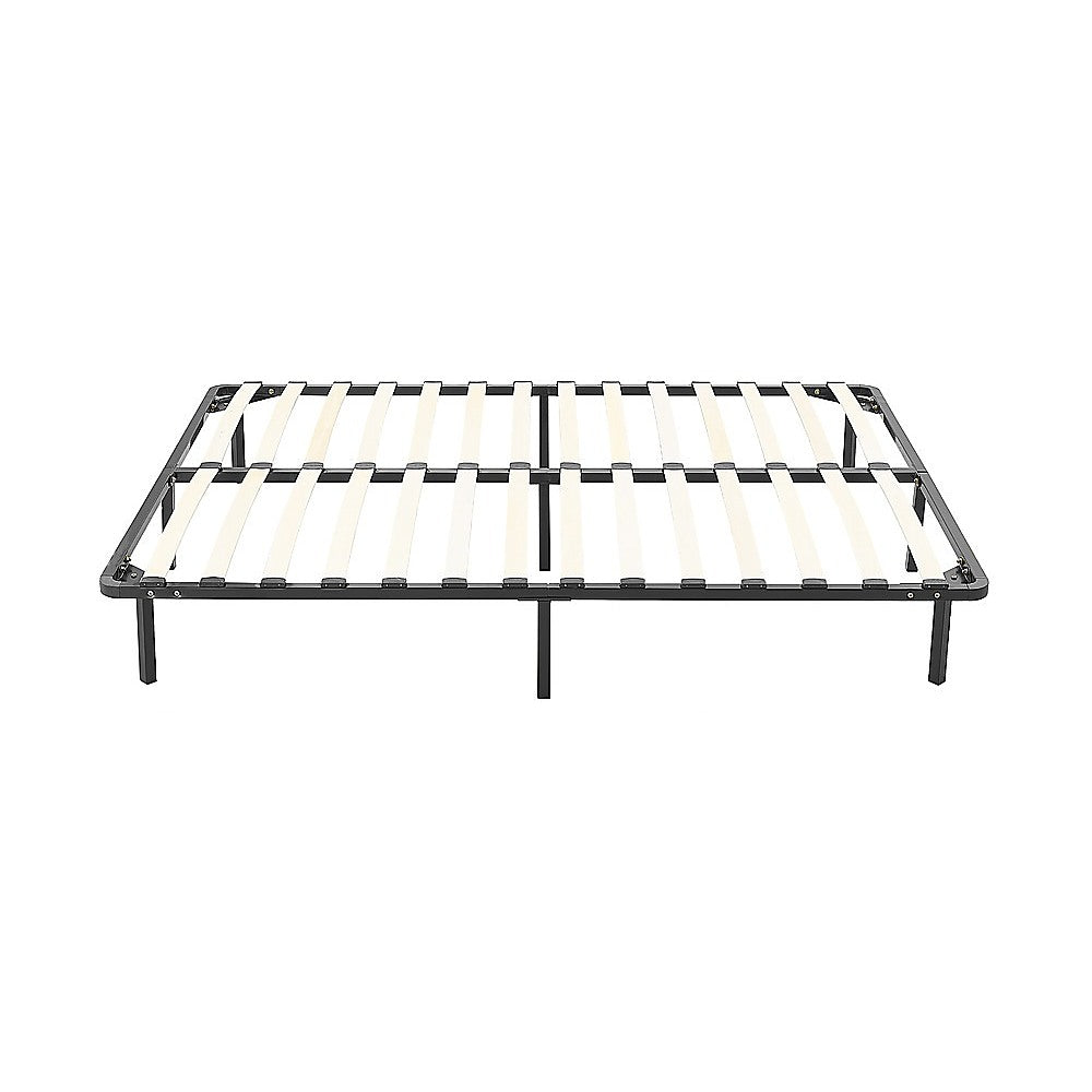 Black metal bed frame on a white background