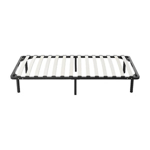 Metal bed frame with slats on a white background