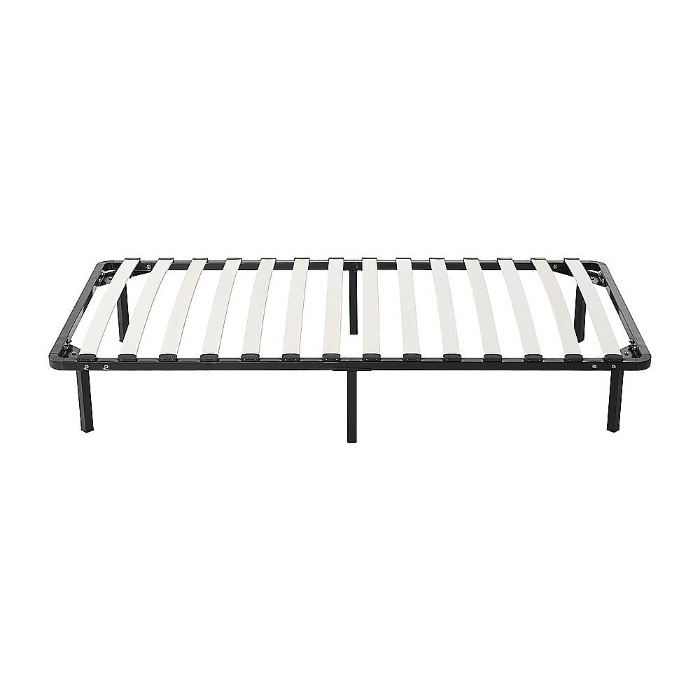 Metal bed frame with slats on a white background