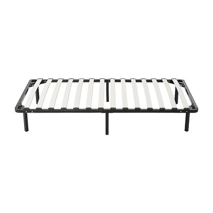 Metal bed frame with slats on a white background