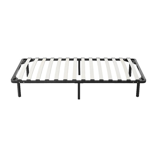 Metal bed frame with slats on a white background