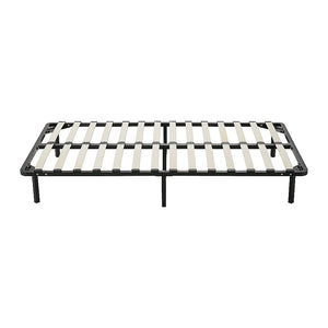 Metal bed frame with slats on a white background