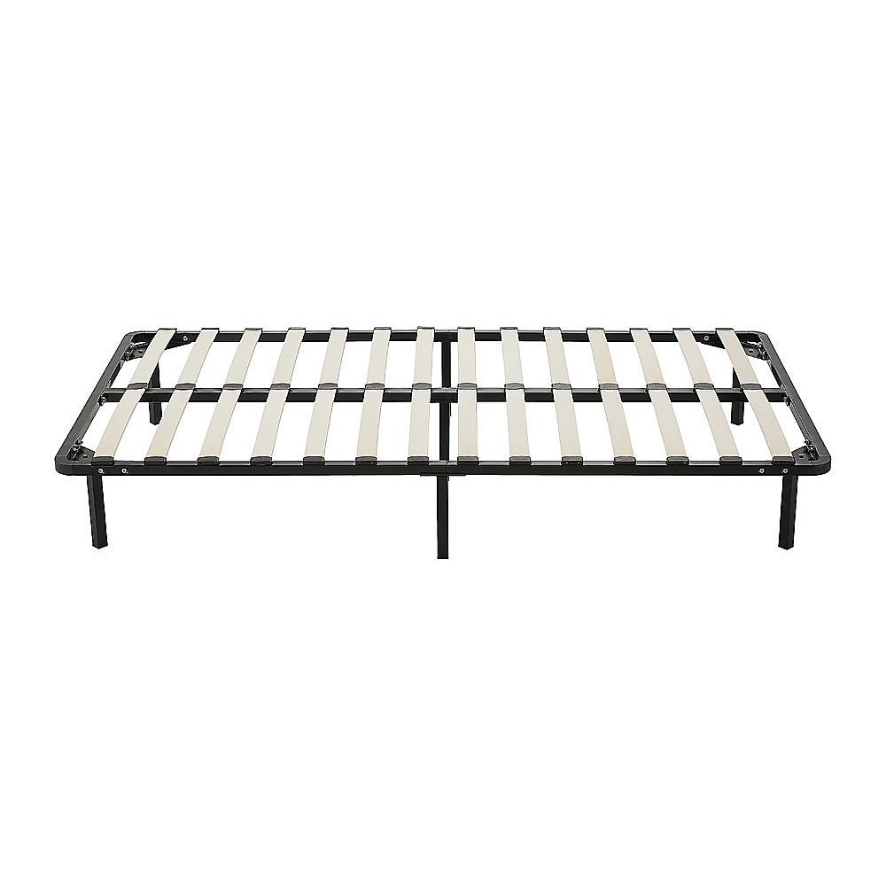 Metal bed frame with slats on a white background